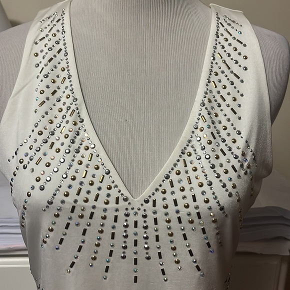 Cache white double layer V neck tank top with crystals and stone decoration - Picture 3 of 13
